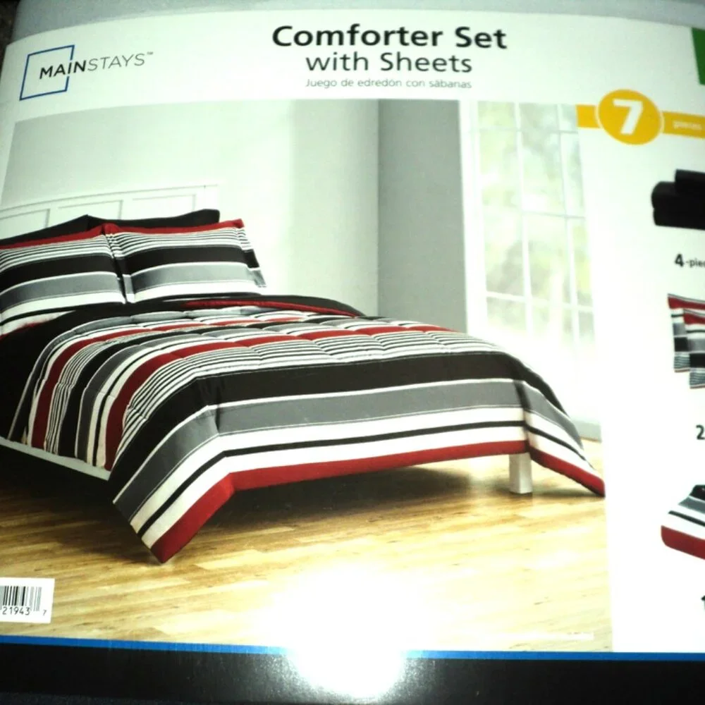 Mainstays Comforter Set w/ Sheets Queen 7 Pieces Red, Black, White Stripes NEW